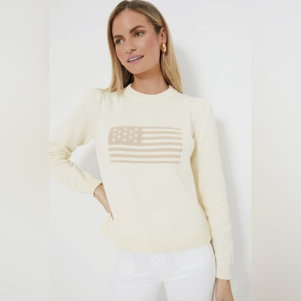 Tuckernuck Cream Puff Sleeve American Flag Sweater Americana L Cotton
